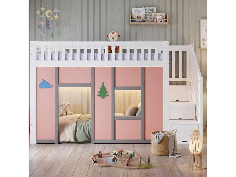  Lit mi-hauteur enfant modenvie 90 x 200 cm avec escalier de rangement, led, bois et mdf, blanc et rose  - Conforama E