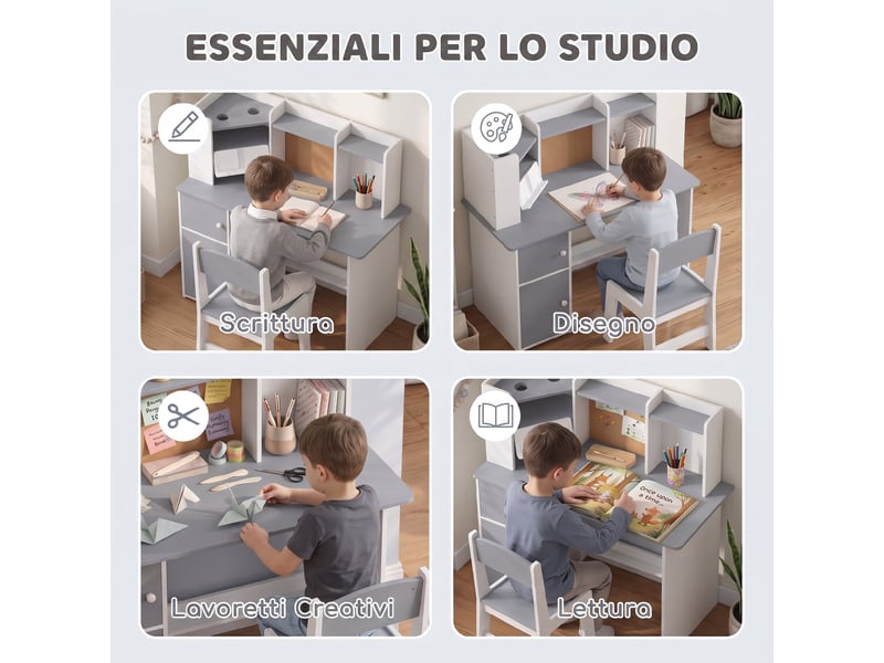  Bureau enfant avec chaise gris, support tablette et rangements intégrés 90 x 39 x 95 cm  - Conforama R