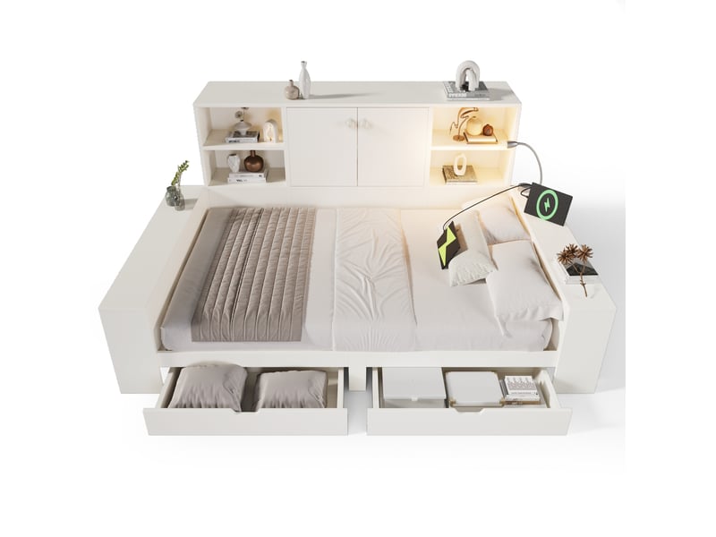  Modenvie lit avec rangement 140x200 cm - ports usb et usb-c, tiroirs et rangements - sans matelas - blanc  - Conforama A