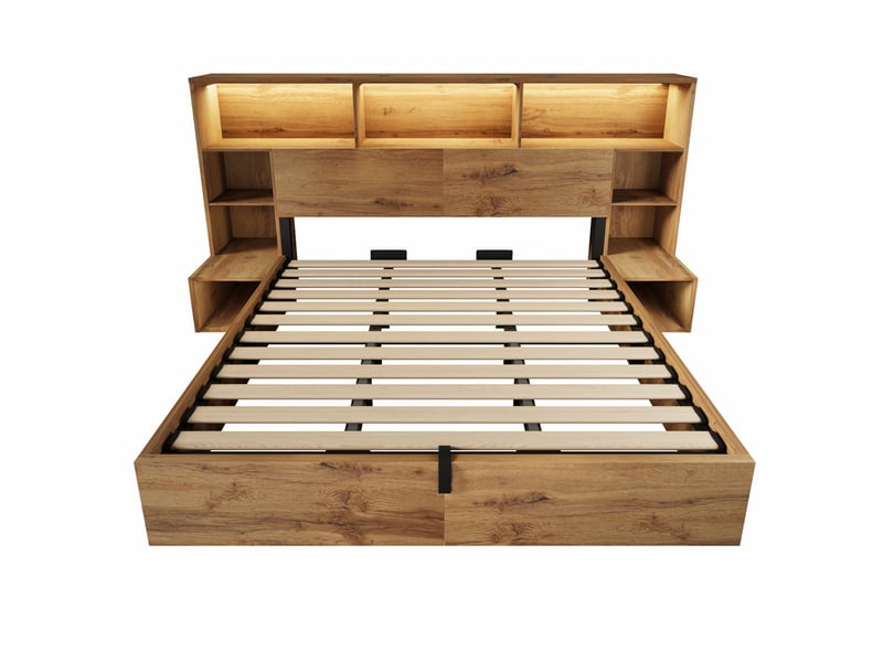Lit coffre,180x200 cm,avec led,usb-c,rangement,intégré,bois,chêne - Conforama A