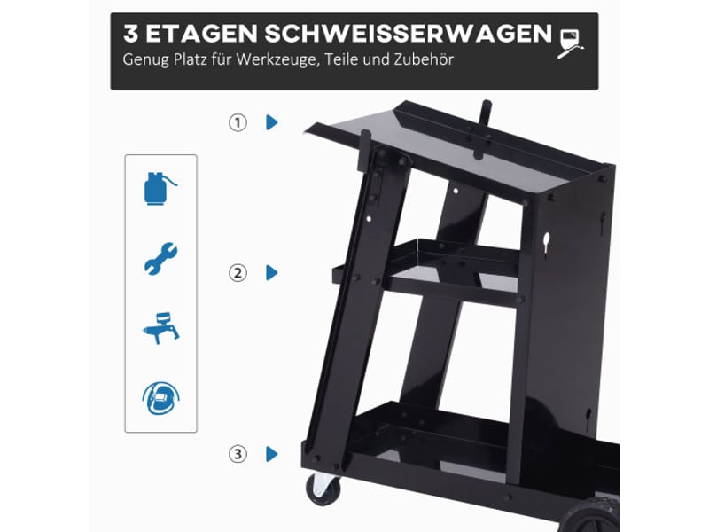  Chariot de soudage noir avec 3 étagères et chaîne de sécurité, support pour bouteille de gaz 71x39x70 cm, mobile pour atelier  - Conforama D