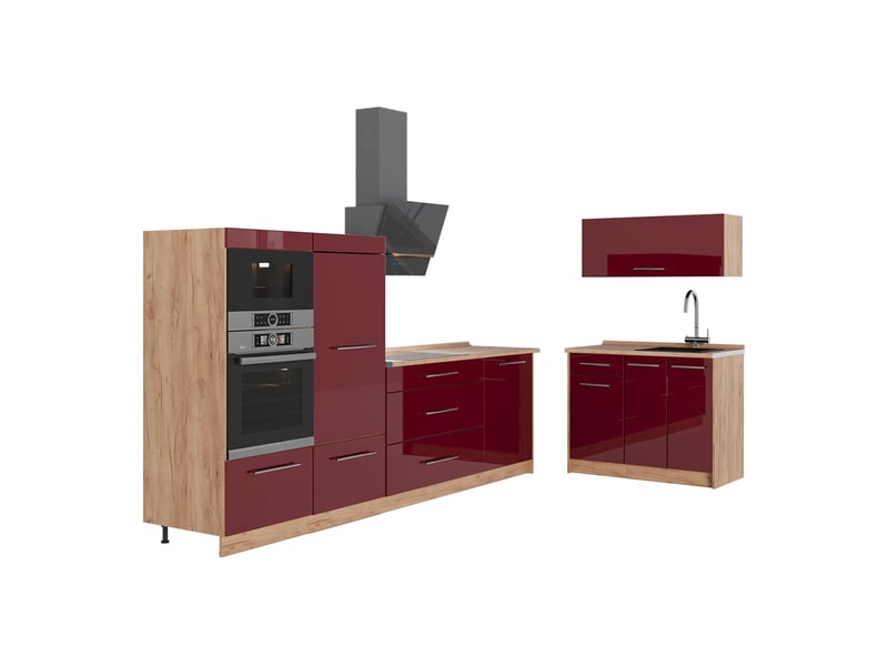 Vicco cuisine, rouge bordeaux haute brillancechêne de force doré, 380cm, pt chêne - Conforama A