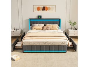 Cadre de lit avec rangement, 140 x 200 cm, doté de 4 tiroirs, lit double rembourré en lin gris foncé au design moderne, avec éclairage led et port usb (matelas non inclus)