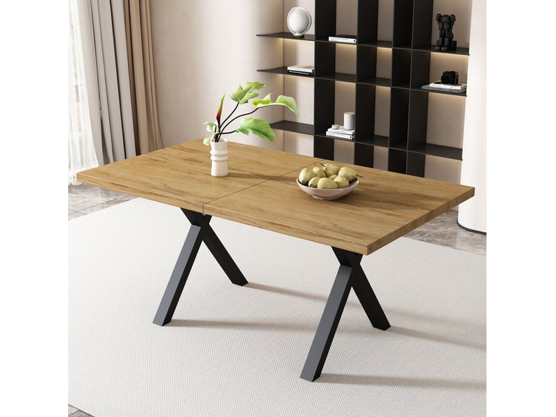  Table à manger table basse l140 x p80 x h76 cm pieds croisés design minimaliste plateau mdf pieds métal finition chêne  - Conforama W