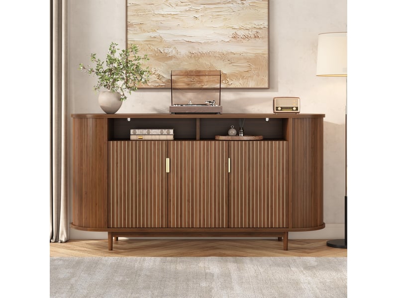 Buffet avec 3 portes, façade à lignes verticales, pieds en pin, pour salon ou salle à manger, noyer, 140 × 40 × 78 cm - Conforama C