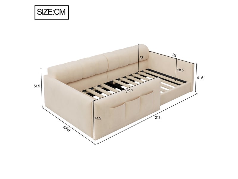  Lit rembourré enfant 90x200cm convertible, avec rangements, tête de lit épaisse, velours beige  - Conforama C