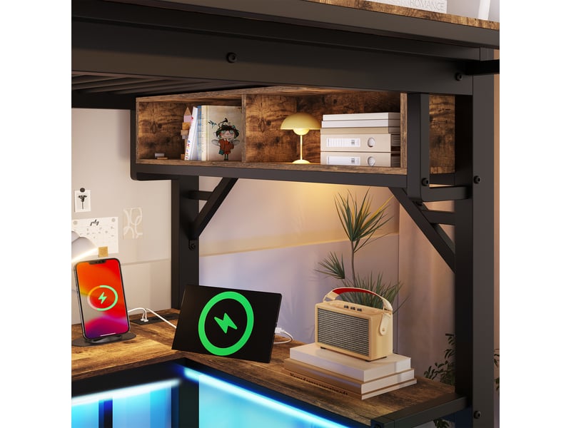  Lit mezzanine enfant  90x200- lit mezzanine avec bureau - bureau d'angle led usb-c et rangement - 1 place marron vintage et noir  - Conforama D