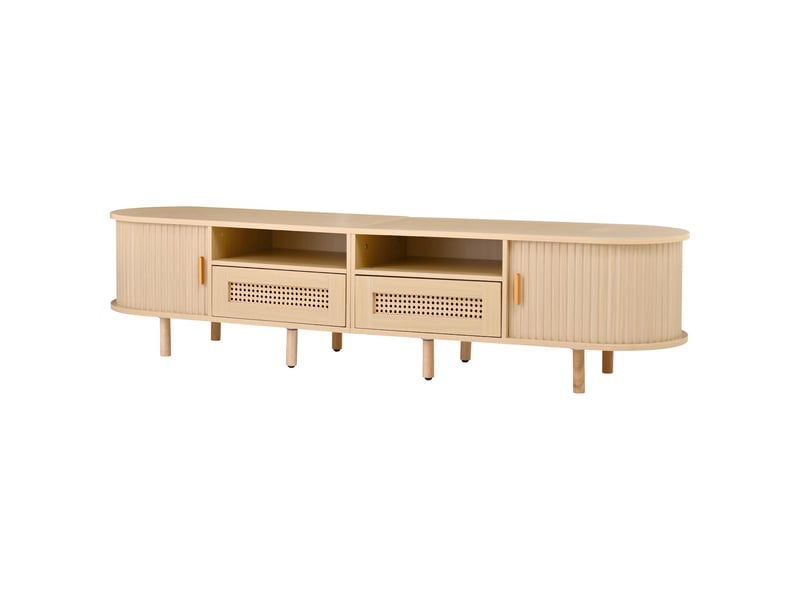  Meuble tv ovale 170x40x40cm chêne clair 2 tiroirs aspect rotin et 2 portes coulissantes  - Conforama B