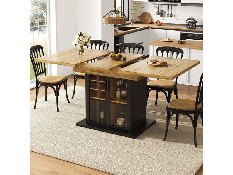  Table extensible 110-140x80x76cm, pour 4-6 personnes, plateau mdf noir, porte en verre trempé, range-bouteille amovible  - Conforama B