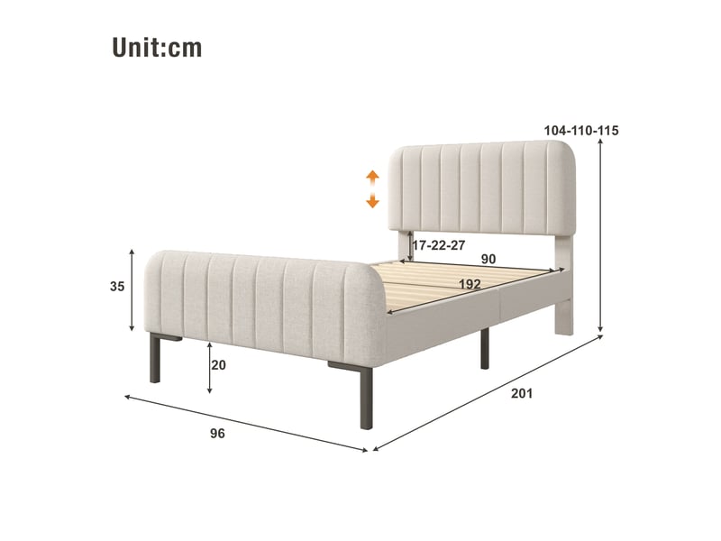  Lit simple rembourré 90x190cm avec sommier à lattes, tête de lit réglable et cadre en bois, sans matelas, tissu effet lin gris clair evarich - Conforama C