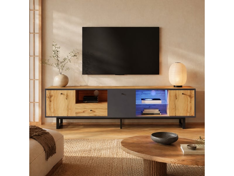  Meuble tv avec 3 portes, 1 tiroir, 3 niches et led pilotée par application pour salon, 190×40×50 cm  - Conforama B