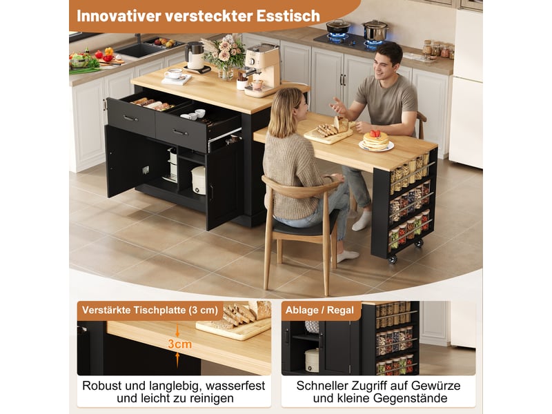  Îlot de cuisine 132235 × 60 × 93 cm en mdf, table repas coulissante, 7 roulettes, étagères réglables et rangements intégrés  - Conforama E