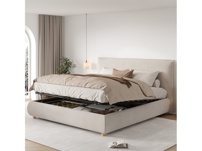  Lit coffre 2 places 160x200 cm avec tête de lit rembourrée, velours crème  - Conforama D