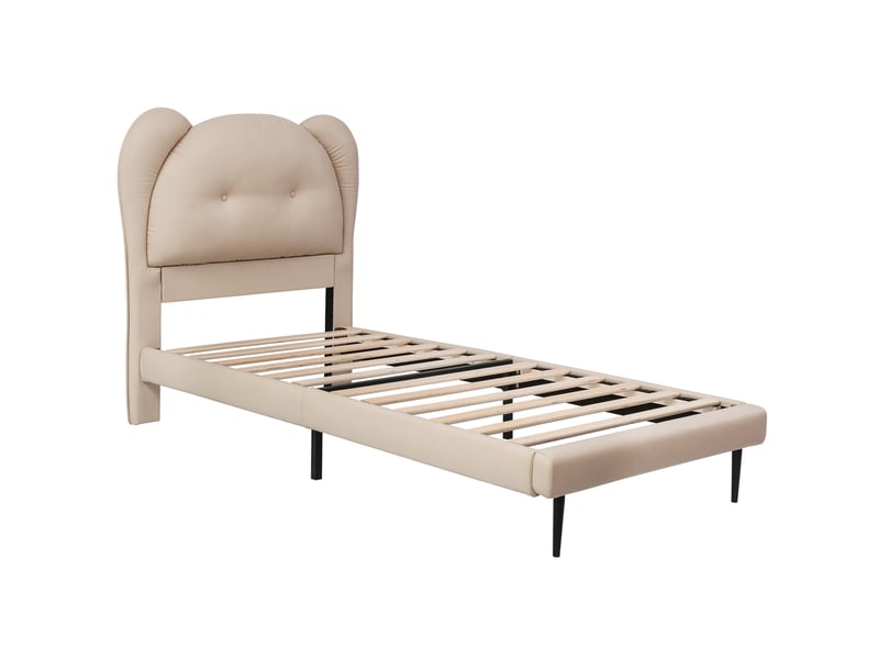 Lit enfant rembourré avec tête de lit animal, pu beige, 90x200cm, sommier robuste et cadre en métal - Conforama E