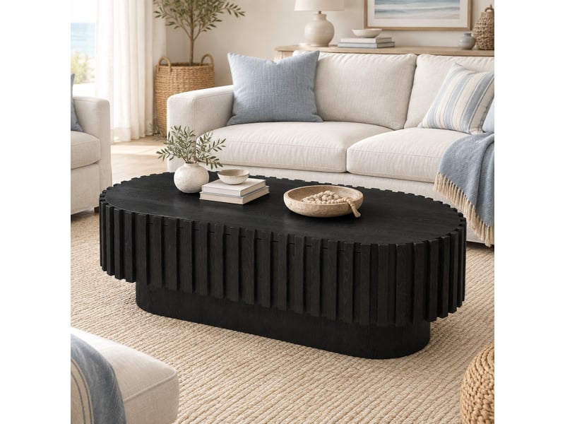 Table basse ovale avec 1 tiroir et décor à lamelles verticales, style moderne rustique, en mdf noir, 100 × 50 × 35,5 cm - Conforama C