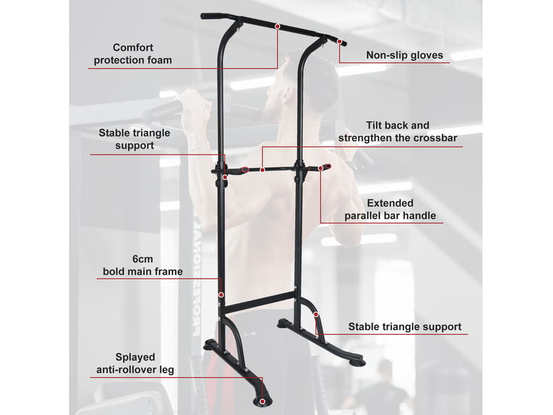 Tour de musculation multifonction réglable noire en acier avec barre de traction et station de dips à domicile - Conforama E