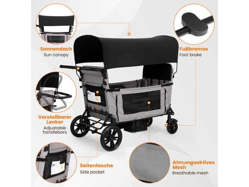 Chariot enfant pliable gris clair 4 places avec siège convertible en lit, toit pare-soleil, plateau, roues pu tout-terrain  - Conforama D