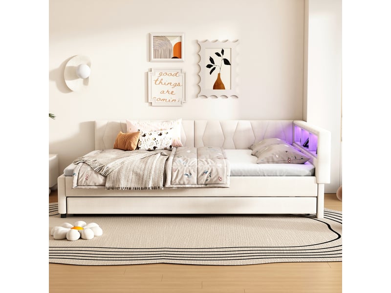  Lit gigogne 140x200 canapé lit beige avec led, port usbtype-c et rangements  - Conforama B