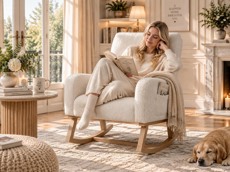  Fauteuil à bascule rembourré – fauteuil à bascule moderne – larges accoudoirs avec poches – assise spacieuse – peluche ours en peluche blanche  - Conforama C