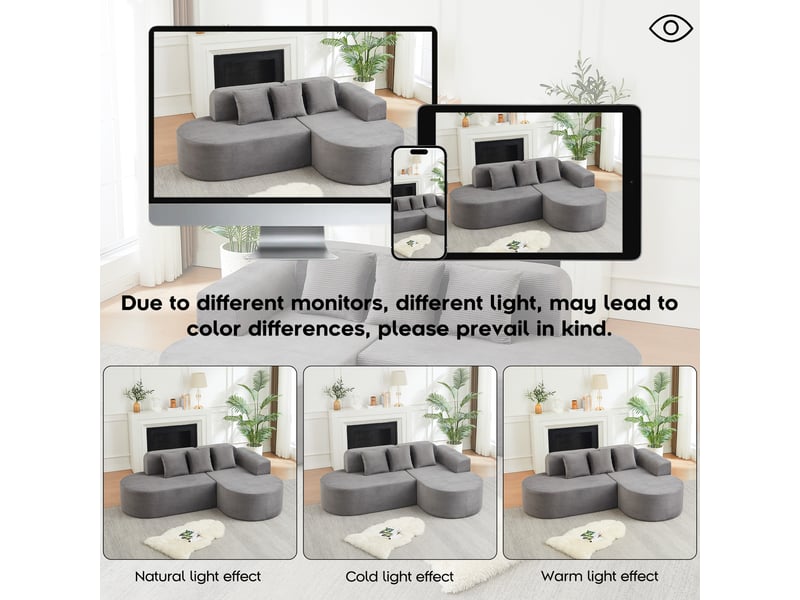  Canapé d'angle à méridienne incurvée avec 3 coussins, accoudoirs arrondis, en velours côtelé gris  - Conforama E