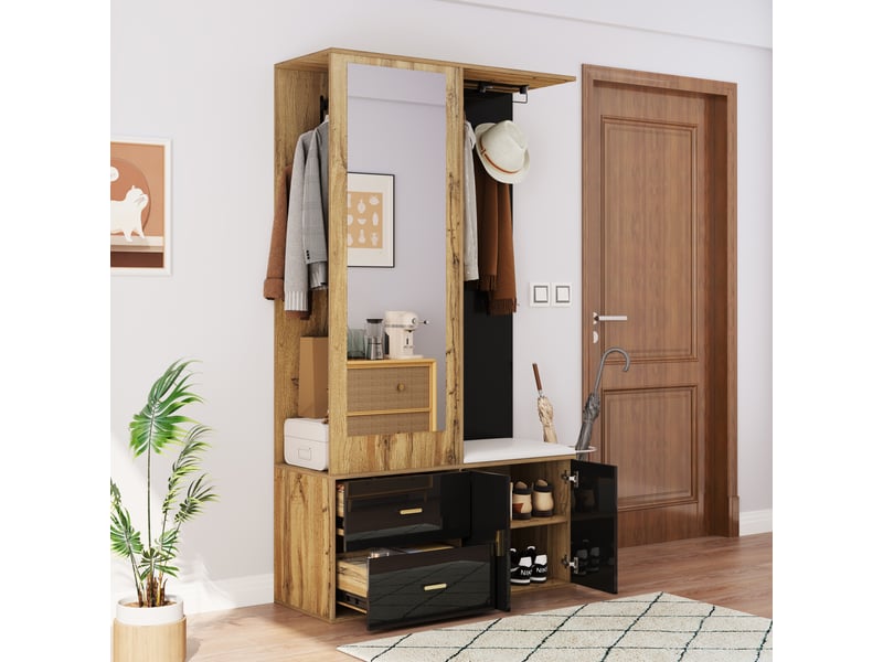  Meuble d'entrée avec miroir, banc, tiroir, 2 crochets, tringle coulissante et rangement chaussures, 100×38×180 cm  - Conforama C