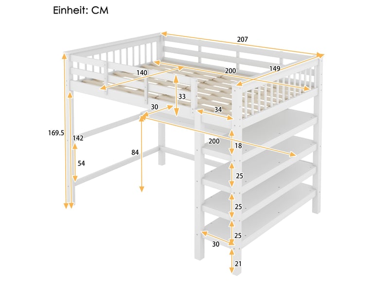  Lit mezzanine blanc 140x200cm avec rangement, échelle, bureau, sécurité renforcée, gain de place - bois massif - pour enfant ado  - Conforama E