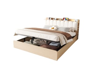 Lit coffre 180x200 cm, lit double, rangement hydraulique, étagères, port usb, tête de lit rembourrée, veilleuse, bois naturel