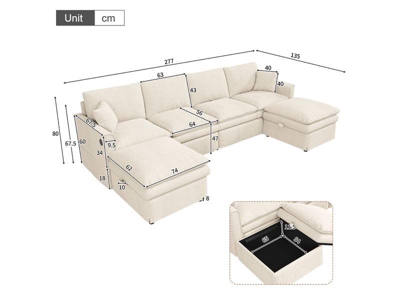  Canapé panoramique modulable 6 places en u ou l avec 2 poufs de rangement, ports usb et usb-c, coton-lin beige, 277 × 135 × 80 cm  - Conforama D