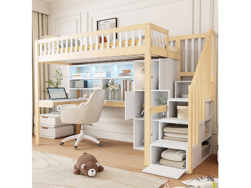  Lit mezzanine enfant 90x200 cm avec bureau, rangements led blanc et naturel  - Conforama D