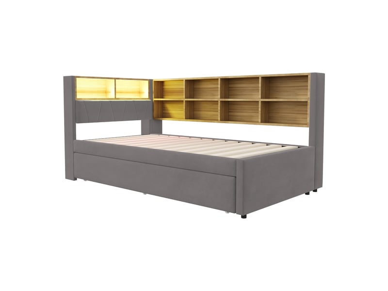 Lit gigogne 90x200 cm 2 en 1 avec 10 niches et led, flanelle, gris foncé, sans matelas - Conforama D