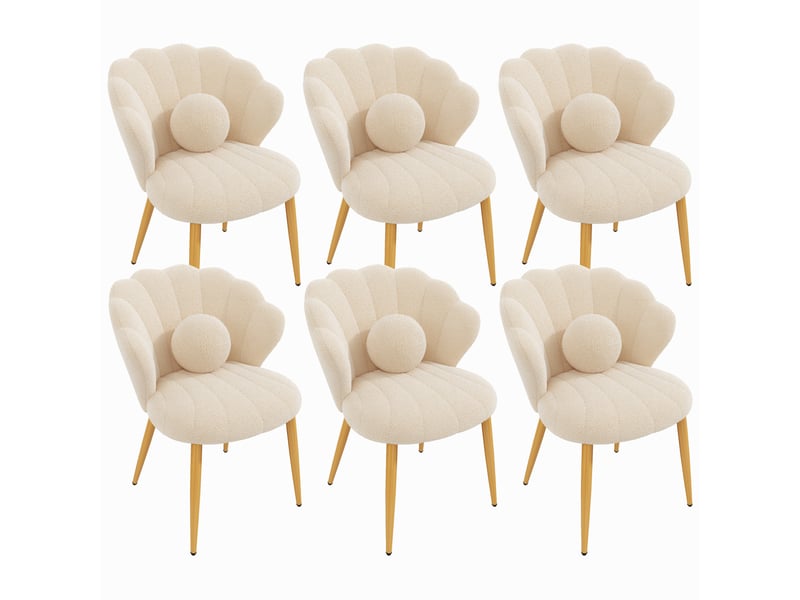  Lot de 6 chaises de salle à manger 60x62,5x83 cm, dossier coquillage, coussin, pieds dorés, tissu bouclette, beige  - Conforama A