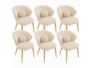Lot de 6 chaises de salle à manger 60x62,5x83 cm, dossier coquillage, coussin, pieds dorés, tissu bouclette, beige