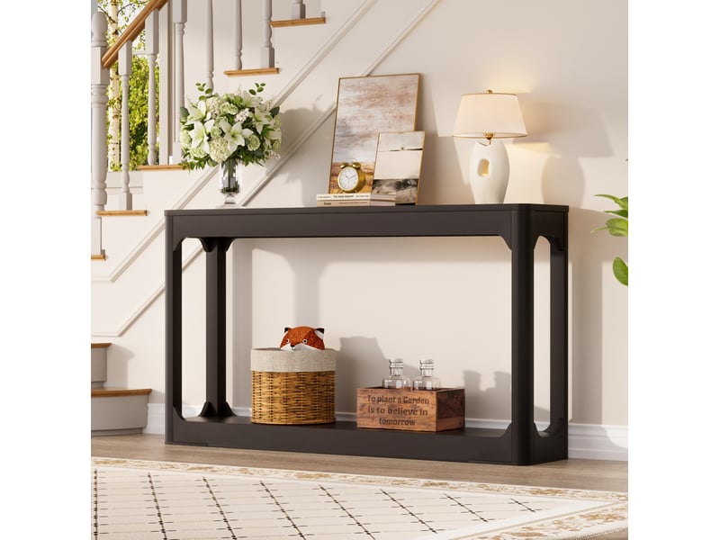  Console de rangement de 140 cm avec étagère ouverte à 2 niveaux pour salon, entrée et couloir en mdf noir  - Conforama B