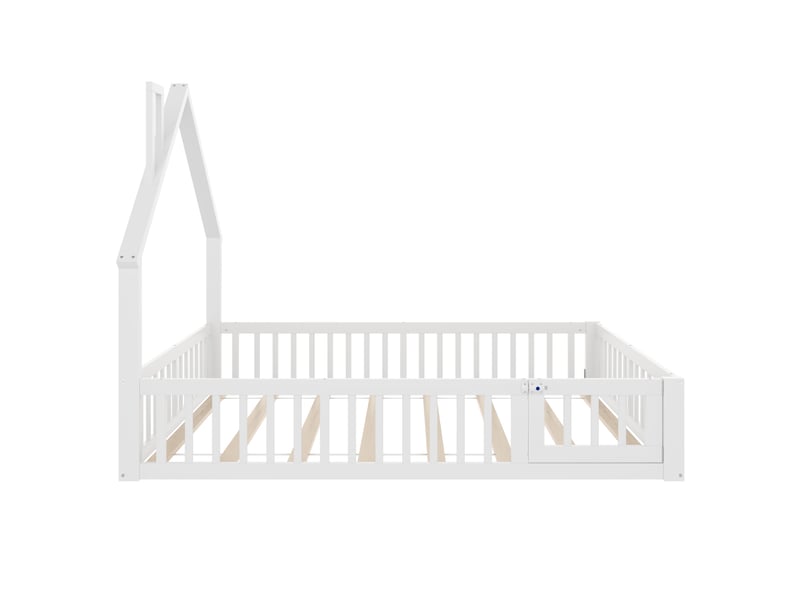  Lit cabane enfant 2 places - 140x190 cm - forme de cheminée - sommier à lattes - bois de pin - blanc - barrières de sécurité CYQ-N636P281544K - Conforama W