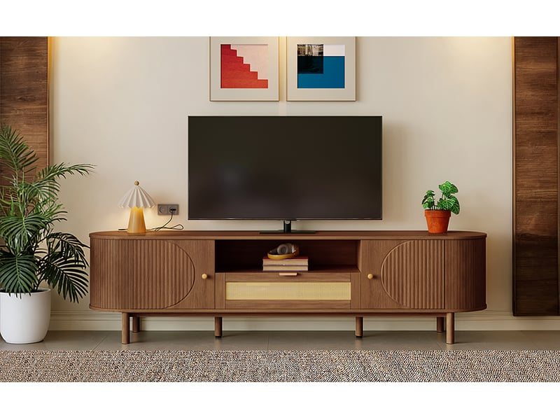 Meuble tv avec 2 portes, niche ouverte et tiroir, design incurvé, pour salon, mdf, marron, 175×36×51 cm - Conforama D