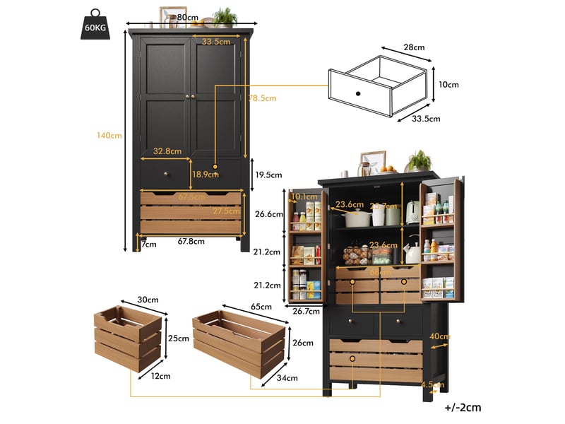  Meuble de cuisine muvano, buffet haut de cuisine noir, 2 portes et 5 tiroirs, 80 × 40 × 140 cm  - Conforama W