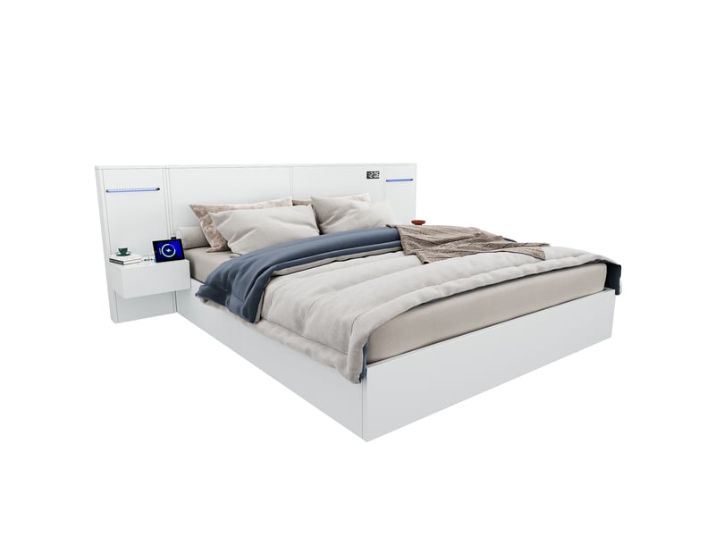  Lit double 180 x 200 cm, en bois, avec port usb, réveil électronique, enceinte bluetooth, bande lumineuse colorée, matelas intégré, 2 tables de chevet (sans tiroirs), matelas non inclus, blanc  - Conforama A