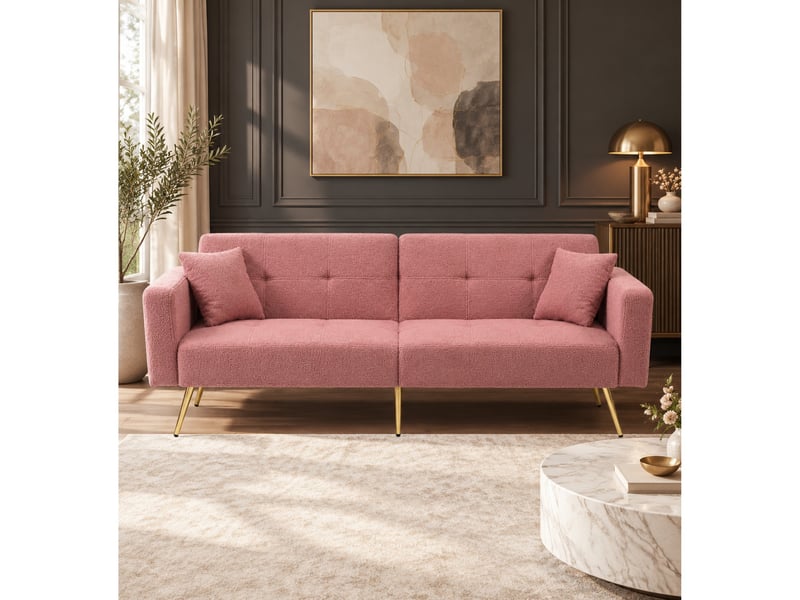 Canapé convertible avec dossier réglable, poches latérales et pieds dorés en tissu sherpa rose, 175 × 64 × 72 cm - Conforama C