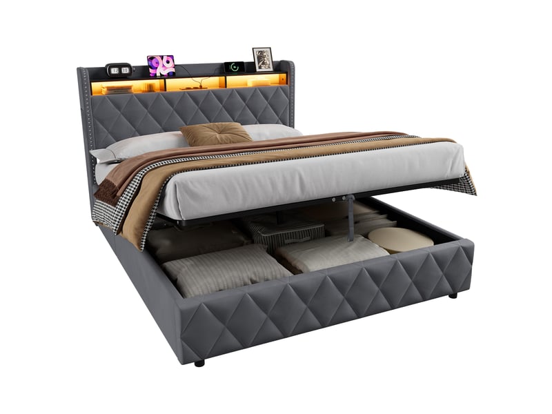  Lit coffre 160x200 cm, lit double adulte avec lumières led, fonctions de chargement et de rangement, velours gris, sans matelas  - Conforama A