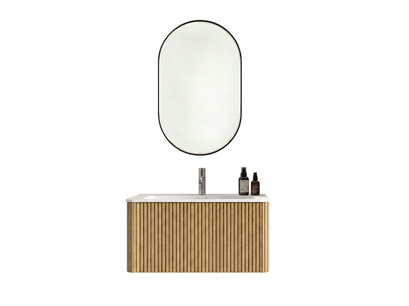  Meuble sous vasque suspendu avec vasque intégrée et miroir led réglable en finition chêne pour salle de bain  - Conforama A