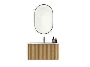 Meuble sous vasque suspendu avec vasque intégrée et miroir led réglable en finition chêne pour salle de bain