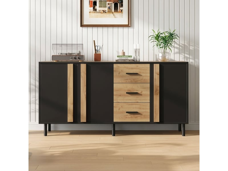  Buffet salon noir et bois 140 cm, commode 3 portes 3 tiroirs, meuble de rangement en mdf  - Conforama E