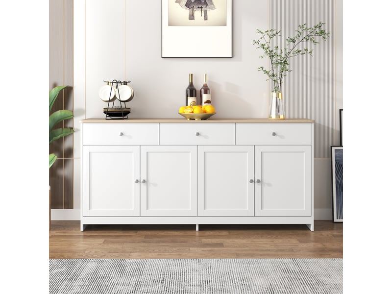 Buffet bahut 160x37x75 cm, meuble de rangement blanc et bois, 4 portes, 3 tiroirs, étagères réglables, salon - blanc bois - Conforama E