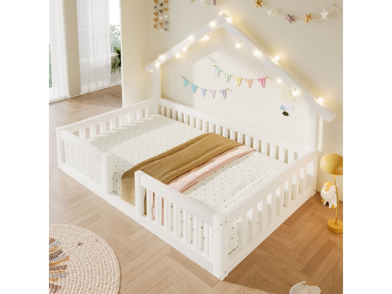  Lit cabane 90x200 cm, structure en bois, coloris blanc, éclairage led, ports usb et usb-c, garde-corps, design cabane, gain de place optimisé  - Conforama D