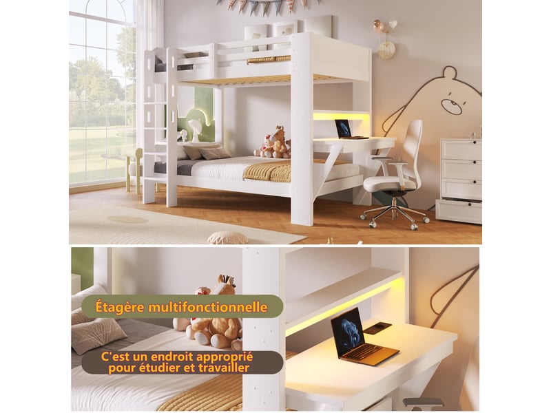  Lit superposé 90 x 200 cm en pin blanc avec bureau, étagères, prise, ports usb-ausb-c et éclairage led intégré  - Conforama E