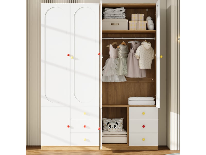  Lot de 2 armoires 4 portes 6 tiroirs 160x50x200 cm, tringles, poignées céramique, anti-basculement, mdf blanc  - Conforama E