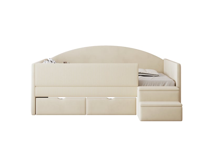  Lit enfant 90x190 cm avec 2 tiroirs et escaliers, beige, matelas non inclus  - Conforama R