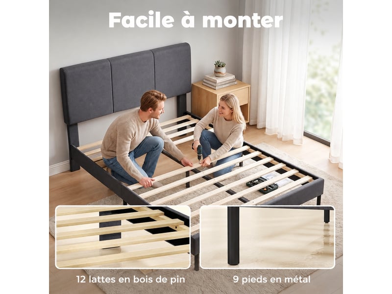  Cadre de lit 140 x 200 cm, lit rembourré en tissu aspect lin gris foncé, tête de lit réglable, 12 lattes  - Conforama D
