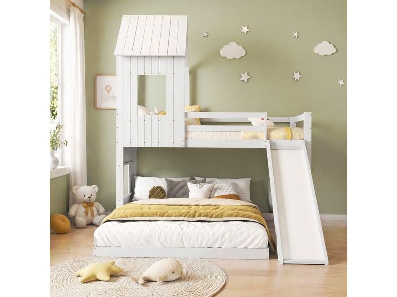  Lit superposé 3 places en pin et mdf avec toboggan, échelle et barrière, 200x90 et 200x140 cm, sans matelas  - Conforama B