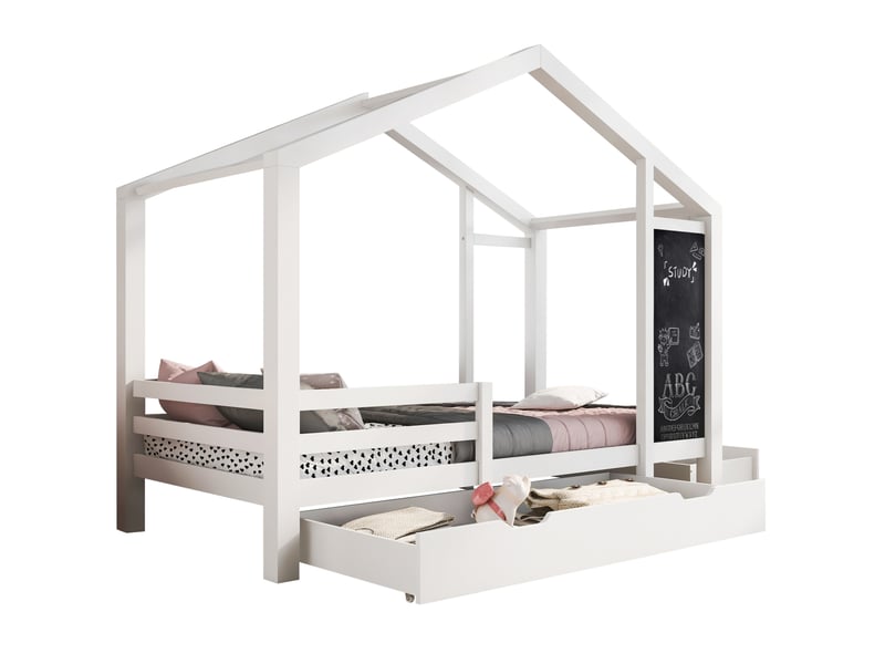 Lit cabane enfant 90 x 200 cm avec tableau, 2 tiroirs et sommier à lattes blanc - Conforama A